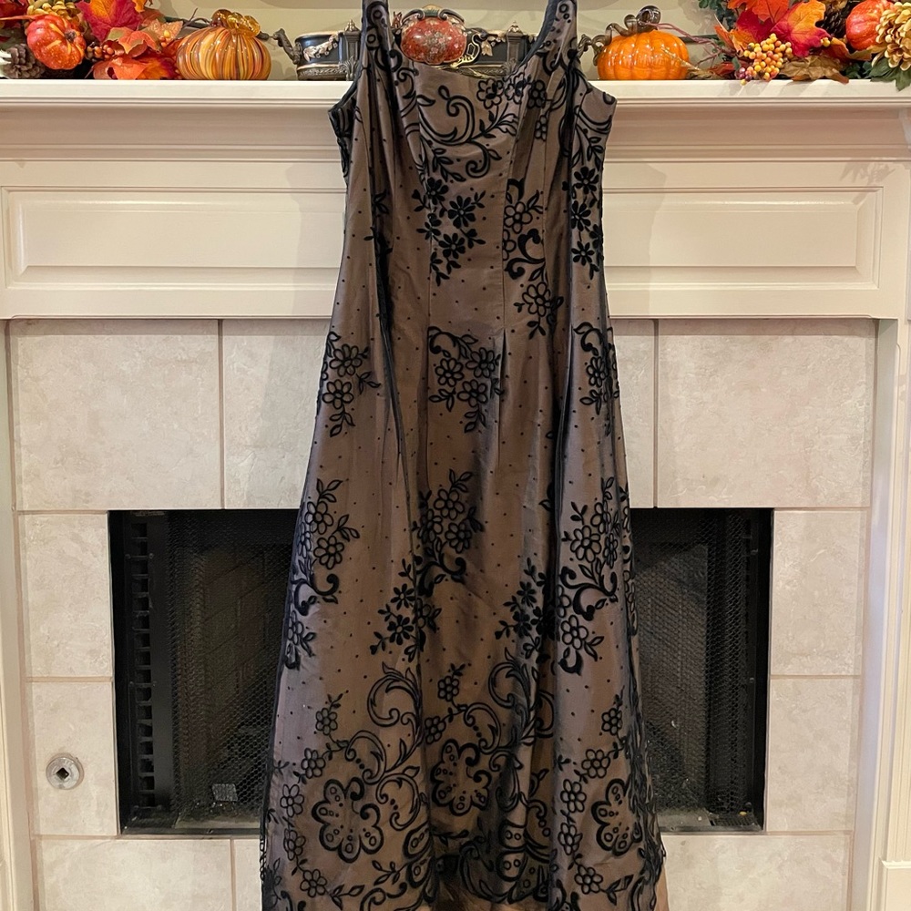 Designer evening gown. Bronze silk  lace overlay.  long velvet/bronze silk wrap